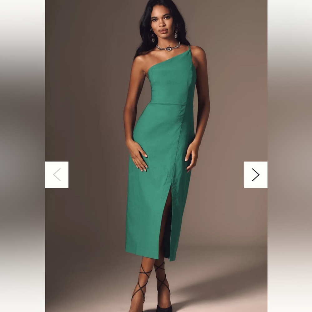 Anthropologie Emerald One-Shoulder Midi Dress